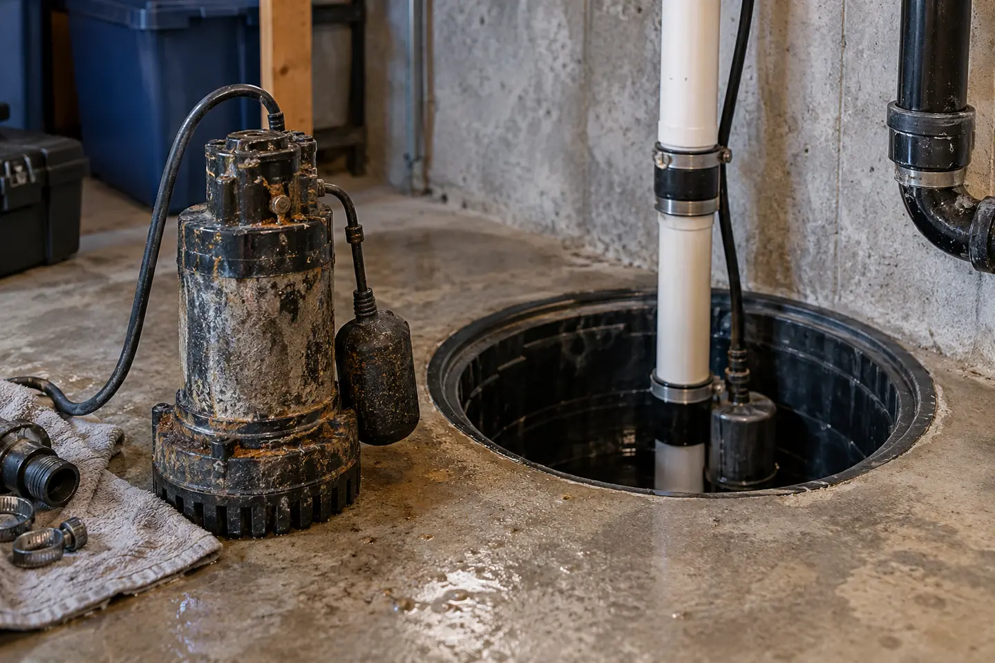 Old sump pump being replaced beside a clean existing pit, no people or brand labels, photographed from a closer alternate angle with different composition and visible material detail