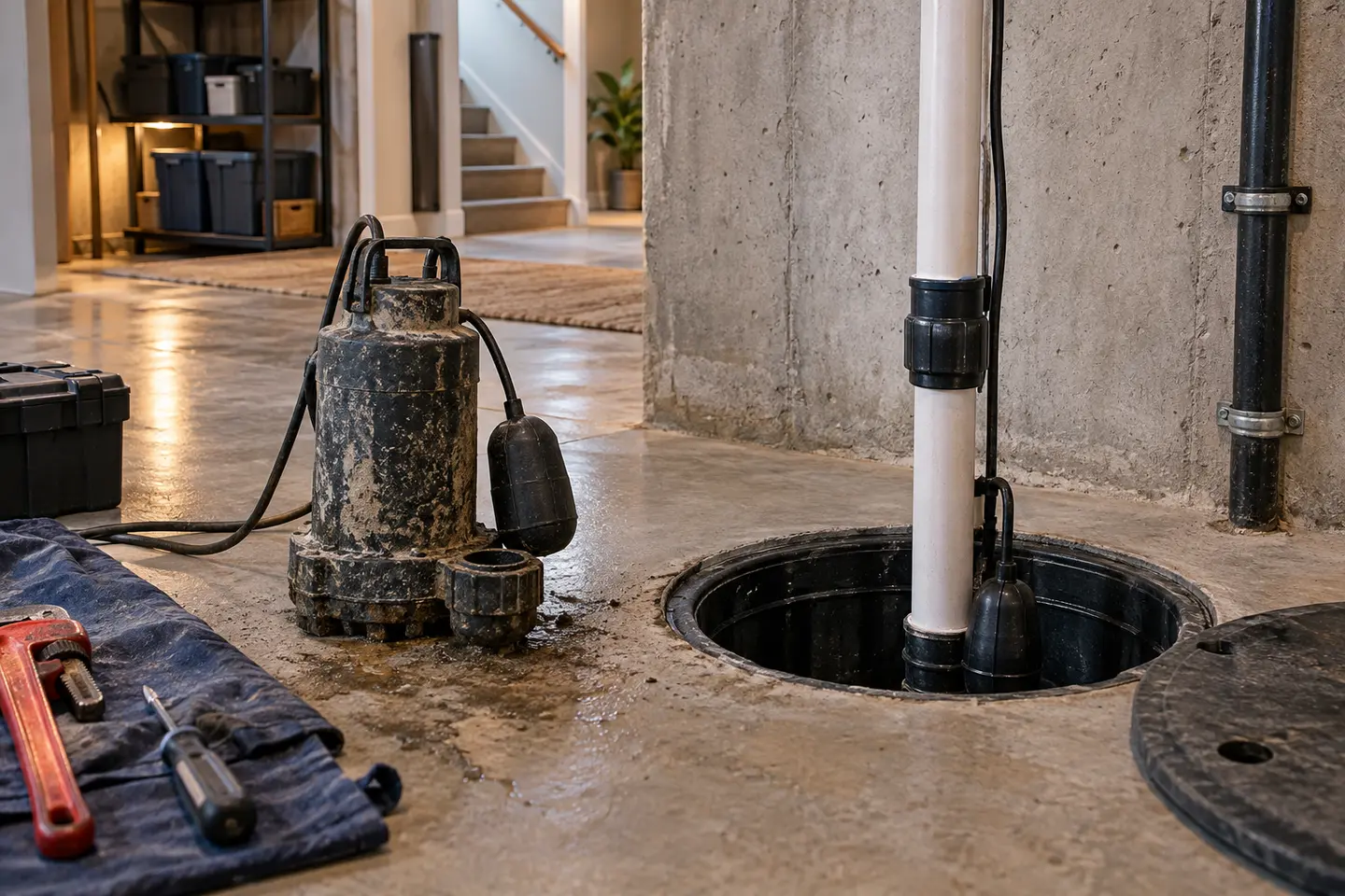 Old sump pump being replaced beside a clean existing pit, no people or brand labels