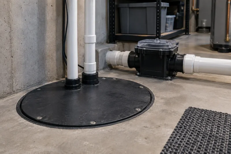 Covered sump pit and backwater valve access shown together in a clean utility room, photographed from a closer alternate angle with different composition and visible material detail