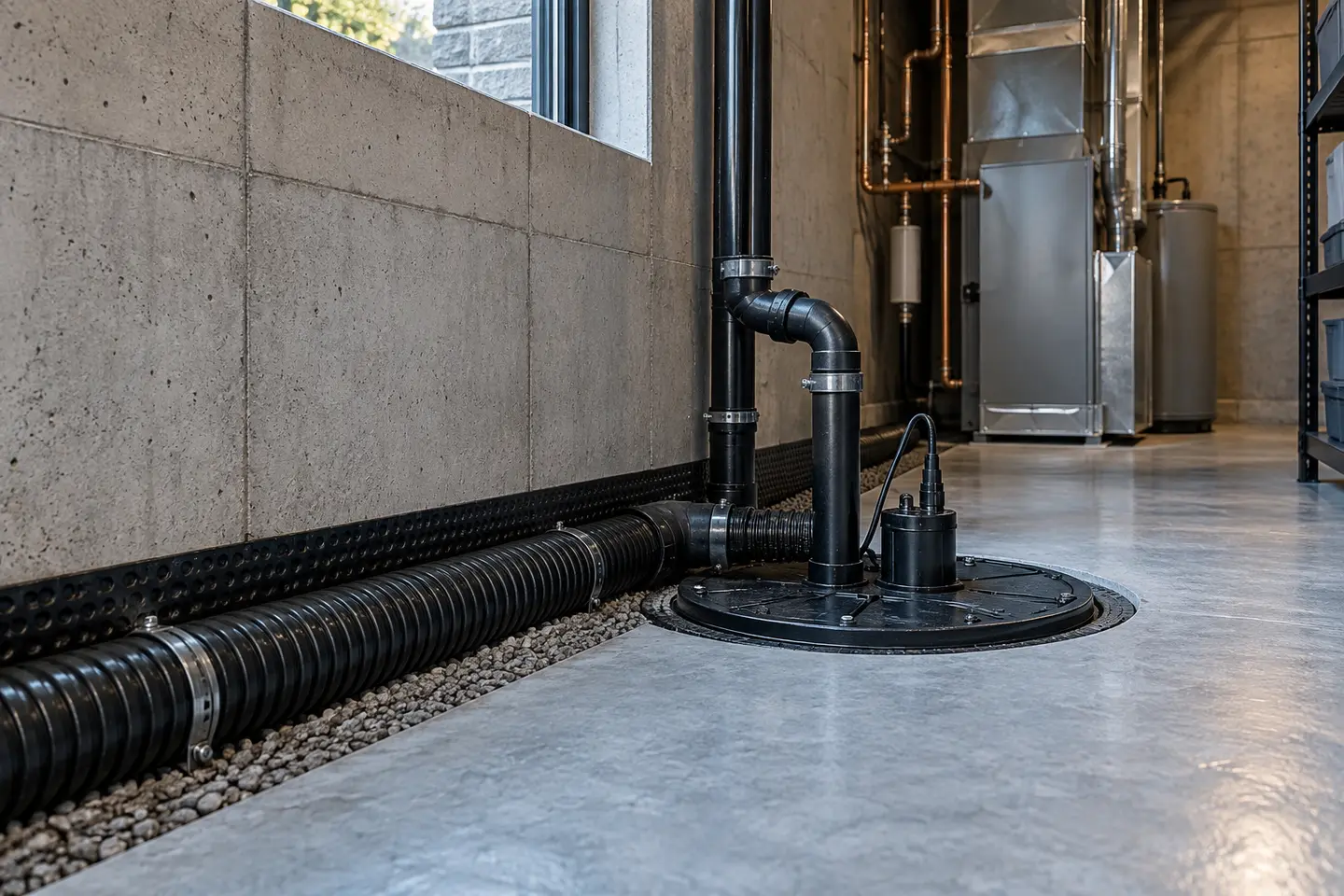 Covered sump pit and backwater valve access shown together in a clean utility room