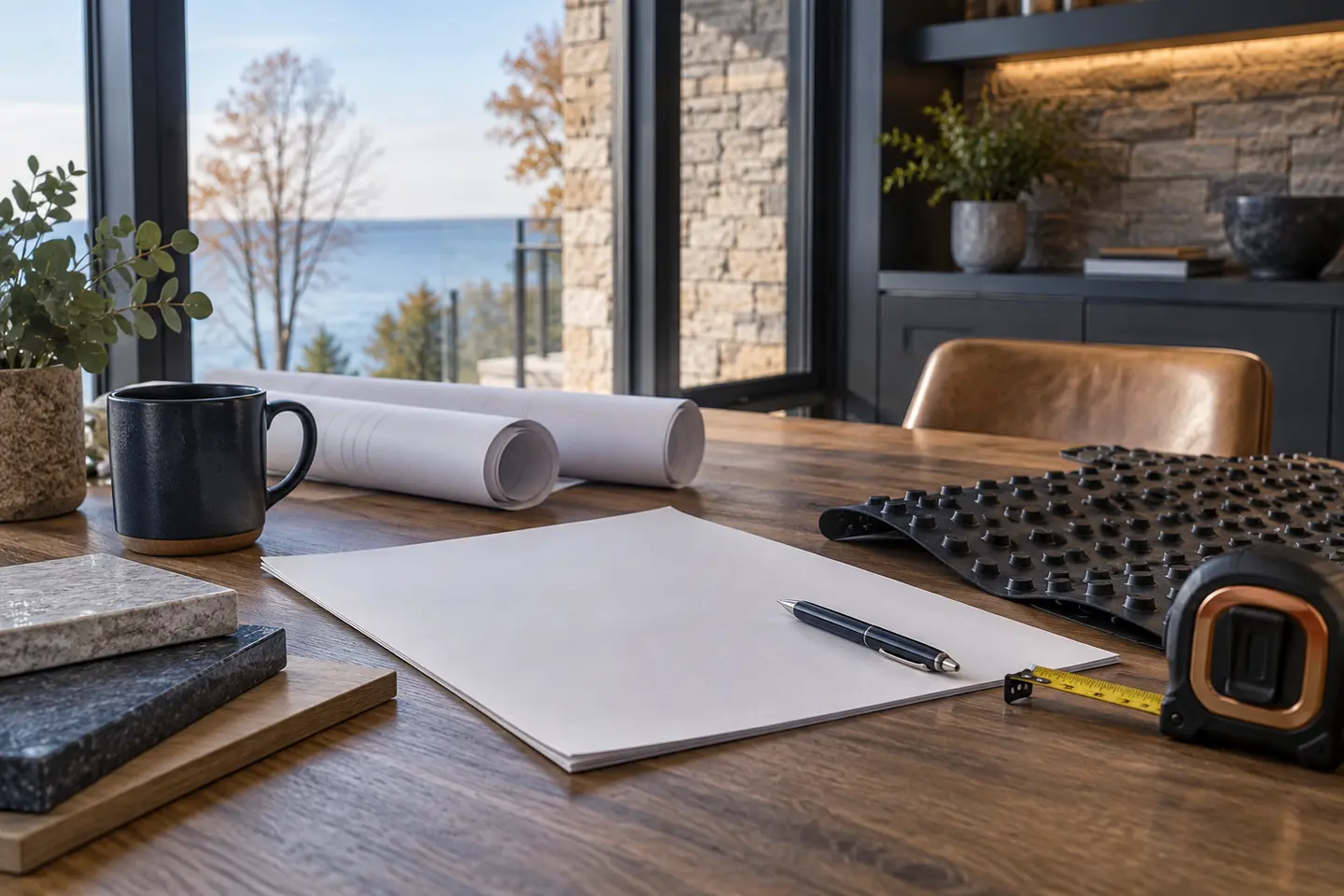 A clean architectural desk with blank documents, measuring tape and waterproofing material swatch, no readable text