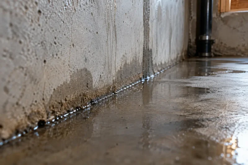 Close view of a wet concrete wall-floor joint with a narrow water line, photographed from a closer alternate angle with different composition and visible material detail