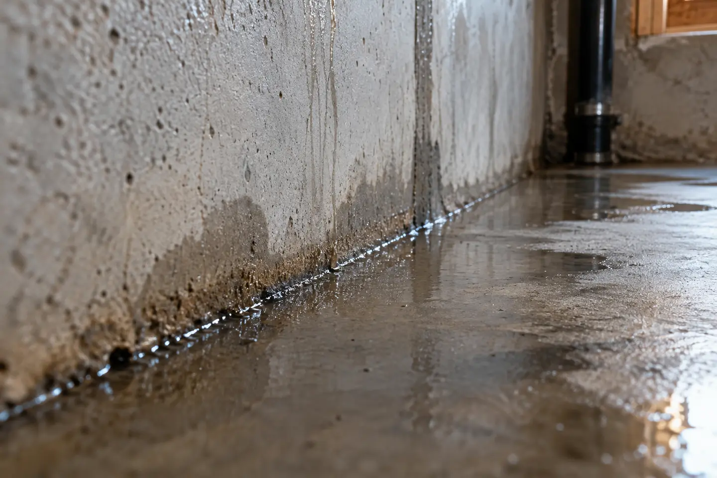 Close view of a wet concrete wall-floor joint with a narrow water line, photographed from a closer alternate angle with different composition and visible material detail