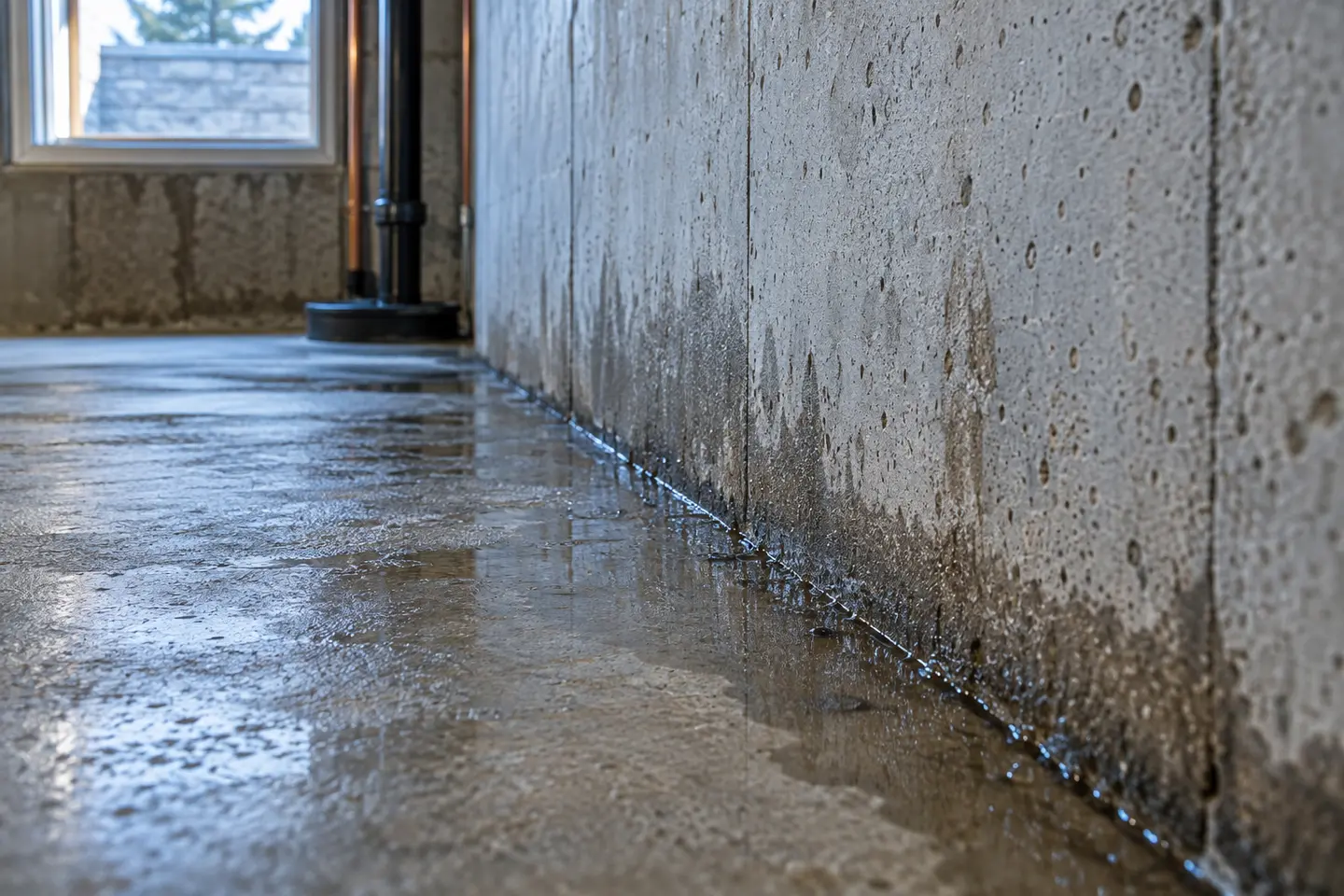 Close view of a wet concrete wall-floor joint with a narrow water line
