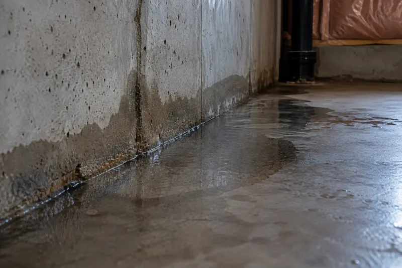 Water at the cove joint where a concrete wall meets the basement slab, photographed from a closer alternate angle with different composition and visible material detail