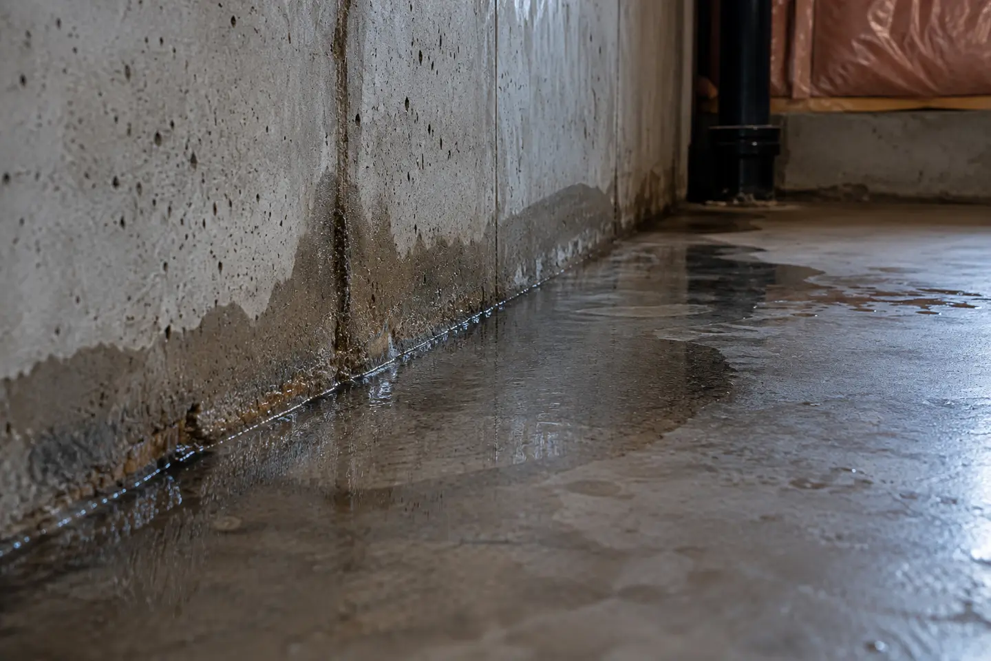 Water at the cove joint where a concrete wall meets the basement slab, photographed from a closer alternate angle with different composition and visible material detail
