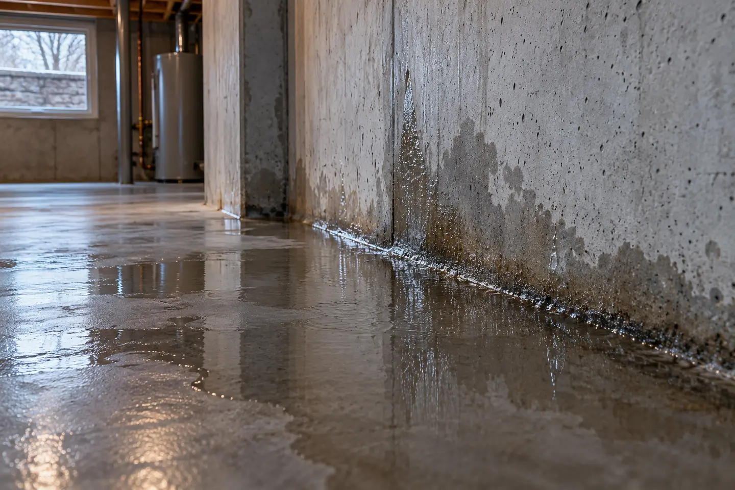 Water at the cove joint where a concrete wall meets the basement slab