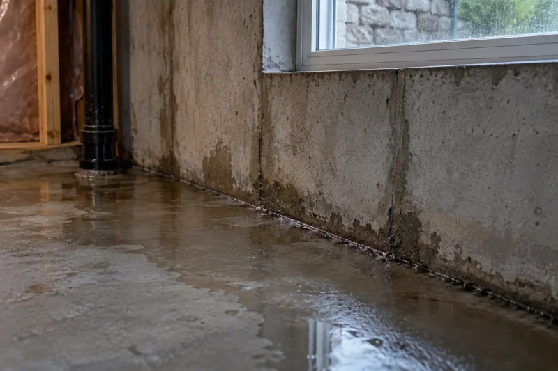 Rainwater collecting near the wall-floor edge of an unfinished basement after a storm, photographed from a closer alternate angle with different composition and visible material detail