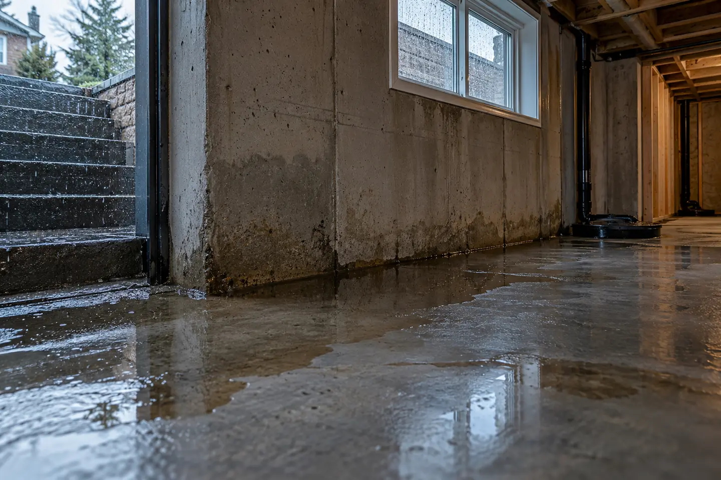 Rainwater collecting near the wall-floor edge of an unfinished basement after a storm