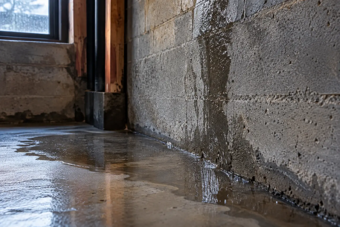Basement wall and floor after heavy rain with the first visible water path clearly photographed, photographed from a closer alternate angle with different composition and visible material detail