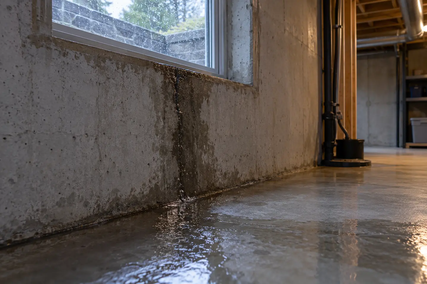Basement wall and floor after heavy rain with the first visible water path clearly photographed
