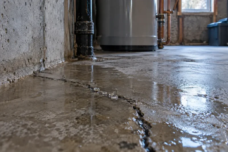 Water beading at a small basement slab crack in an unfinished utility area, photographed from a closer alternate angle with different composition and visible material detail
