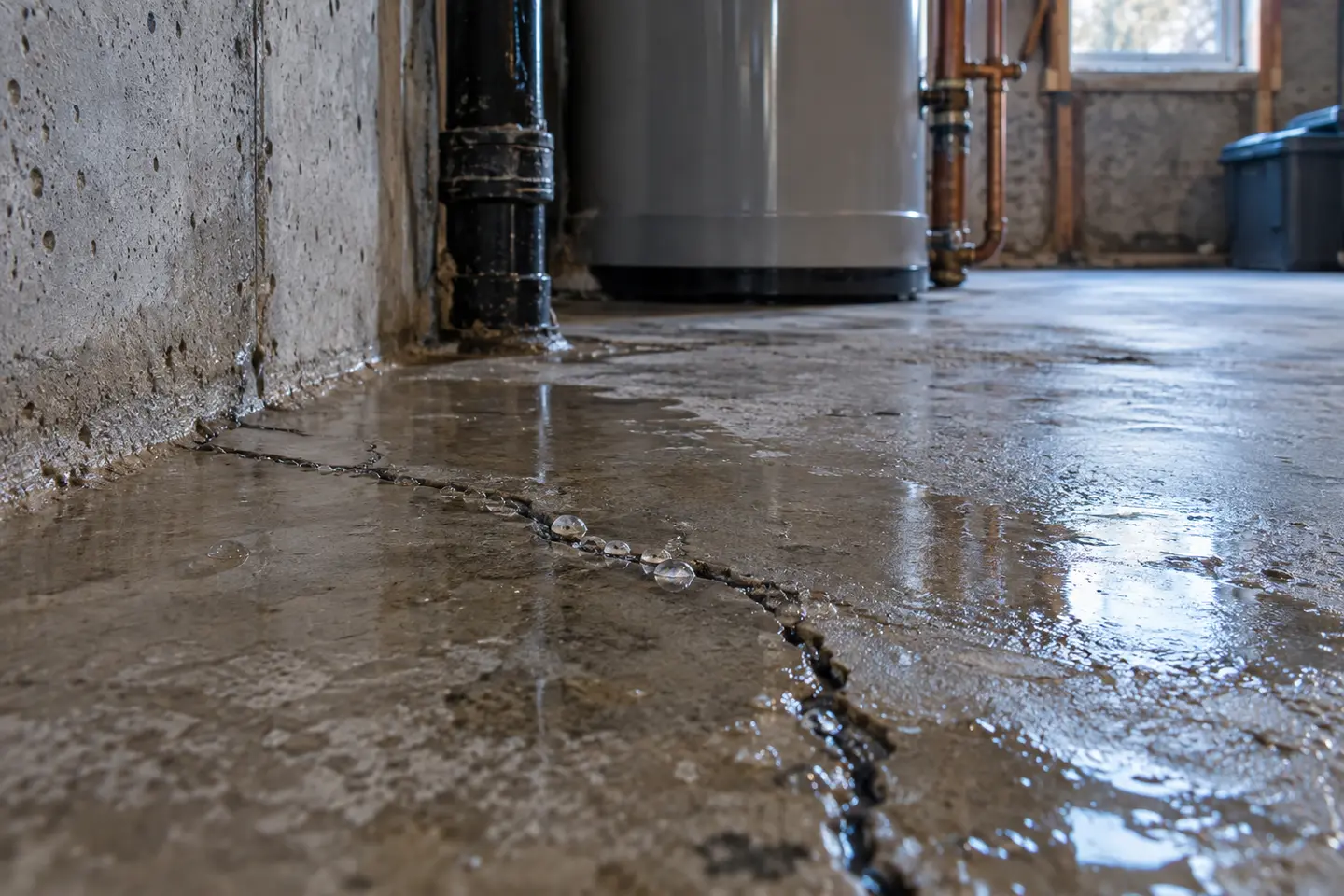 Water beading at a small basement slab crack in an unfinished utility area, photographed from a closer alternate angle with different composition and visible material detail