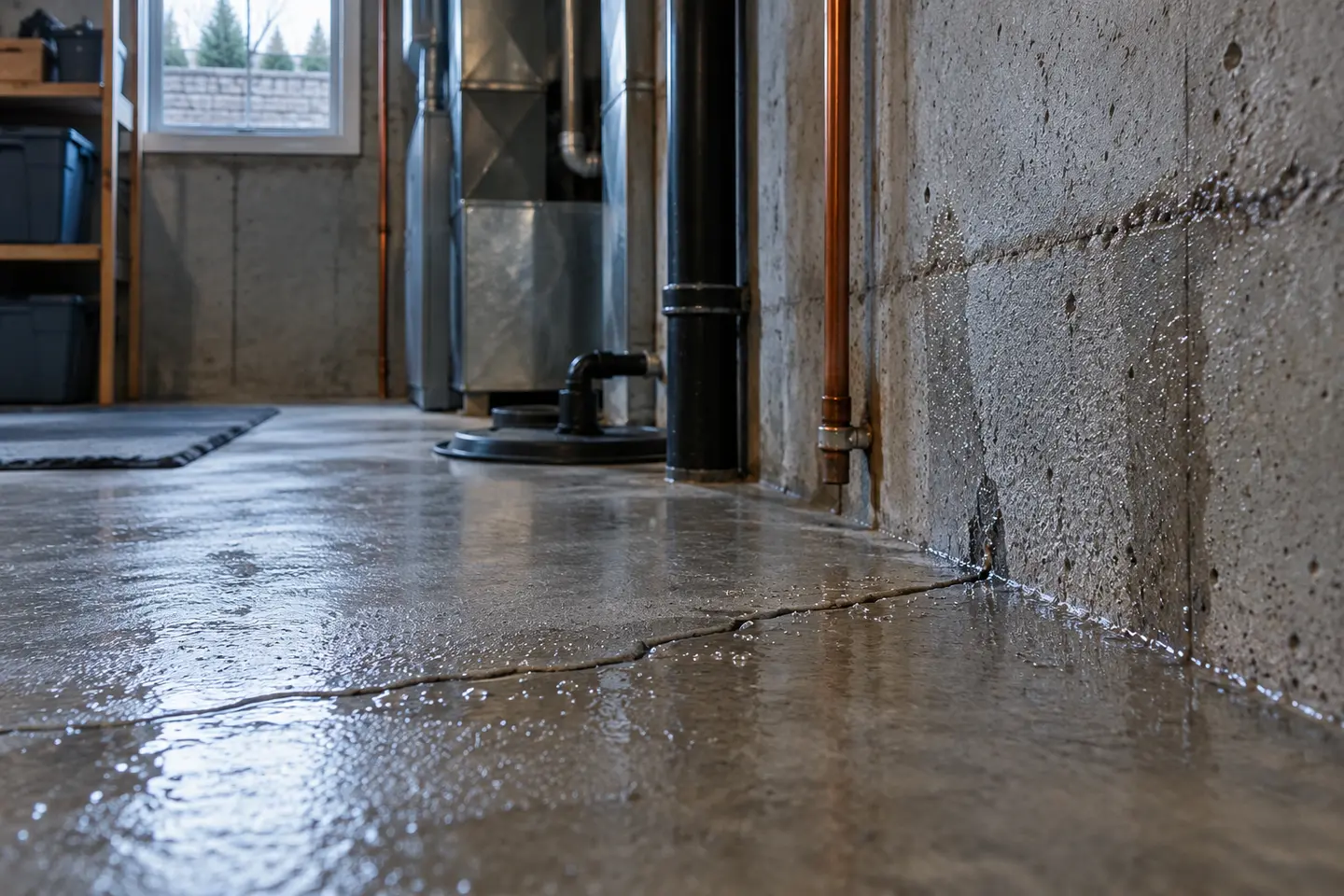 Water beading at a small basement slab crack in an unfinished utility area
