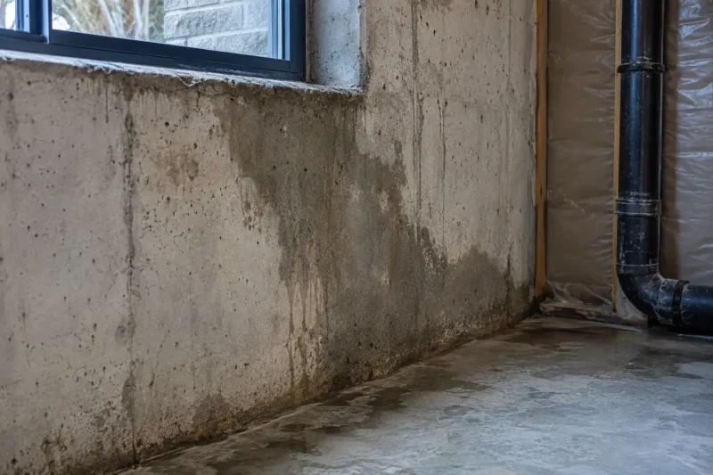 Damp patch spreading across a poured-concrete basement wall below grade, photographed from a closer alternate angle with different composition and visible material detail
