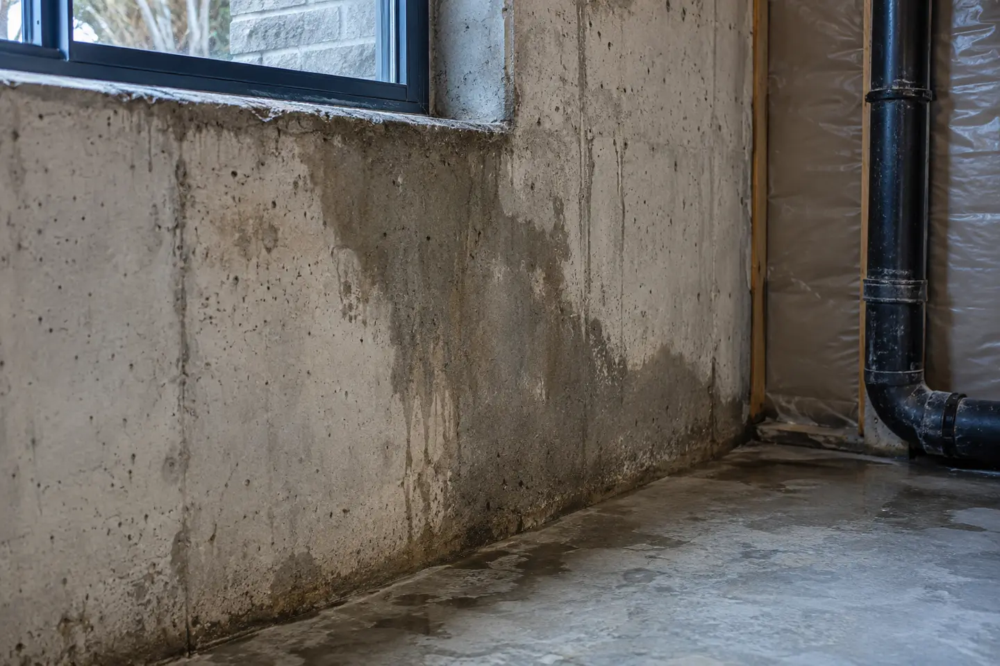 Damp patch spreading across a poured-concrete basement wall below grade, photographed from a closer alternate angle with different composition and visible material detail