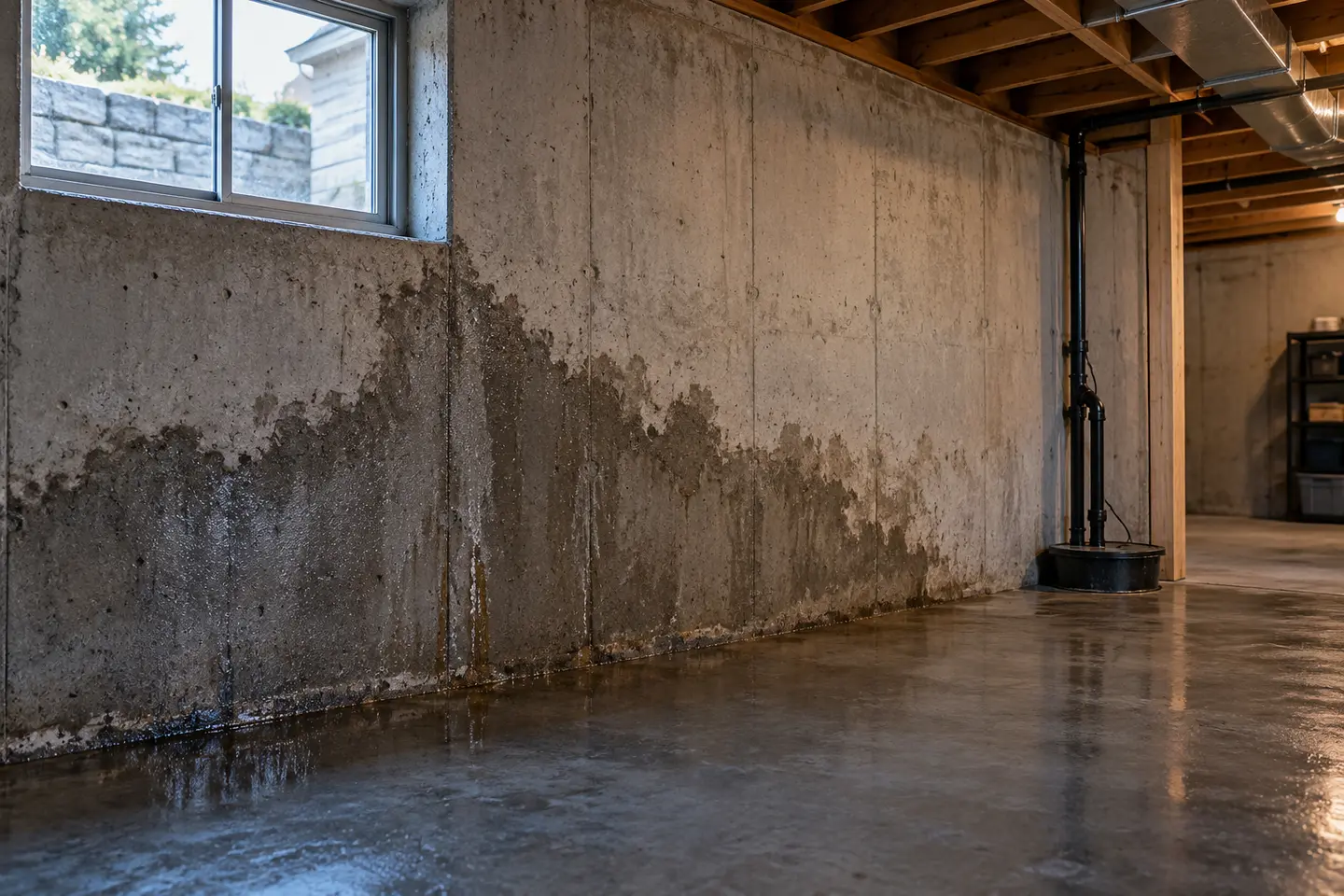 Damp patch spreading across a poured-concrete basement wall below grade