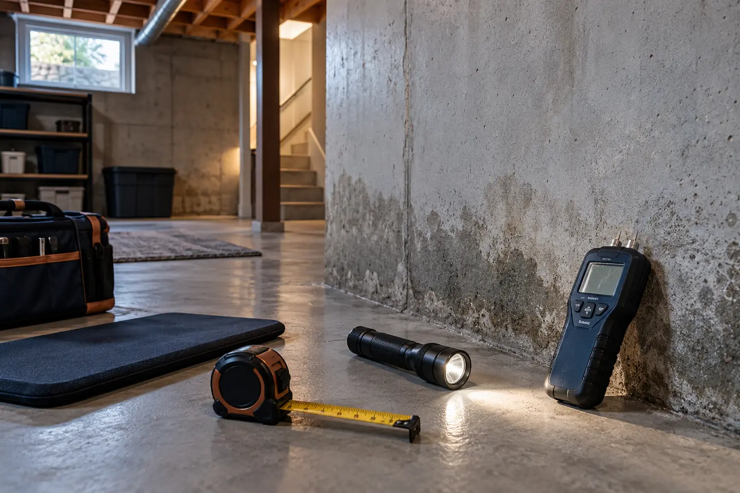 An orderly basement inspection scene with moisture meter, flashlight and measuring tape placed near a foundation wall, no readable displays
