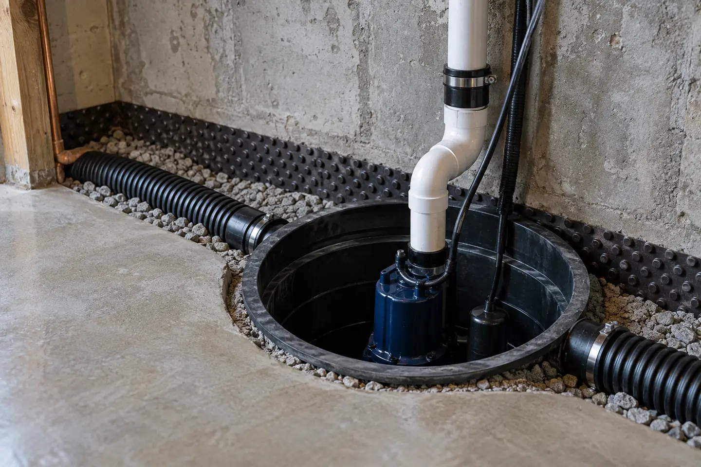 Weeping-tile disconnection routed into a new sump pit with organized piping, photographed from a closer alternate angle with different composition and visible material detail