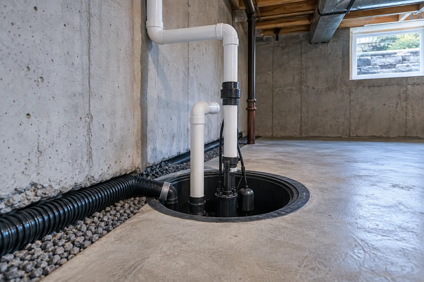 Weeping-tile disconnection routed into a new sump pit with organized piping
