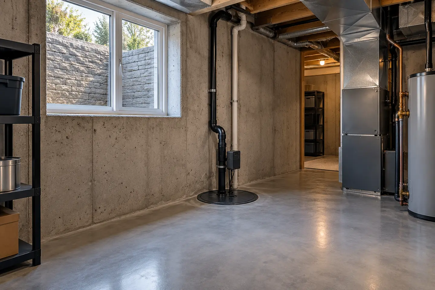 Perforated foundation drain pipe laid in washed stone beside an exposed footing