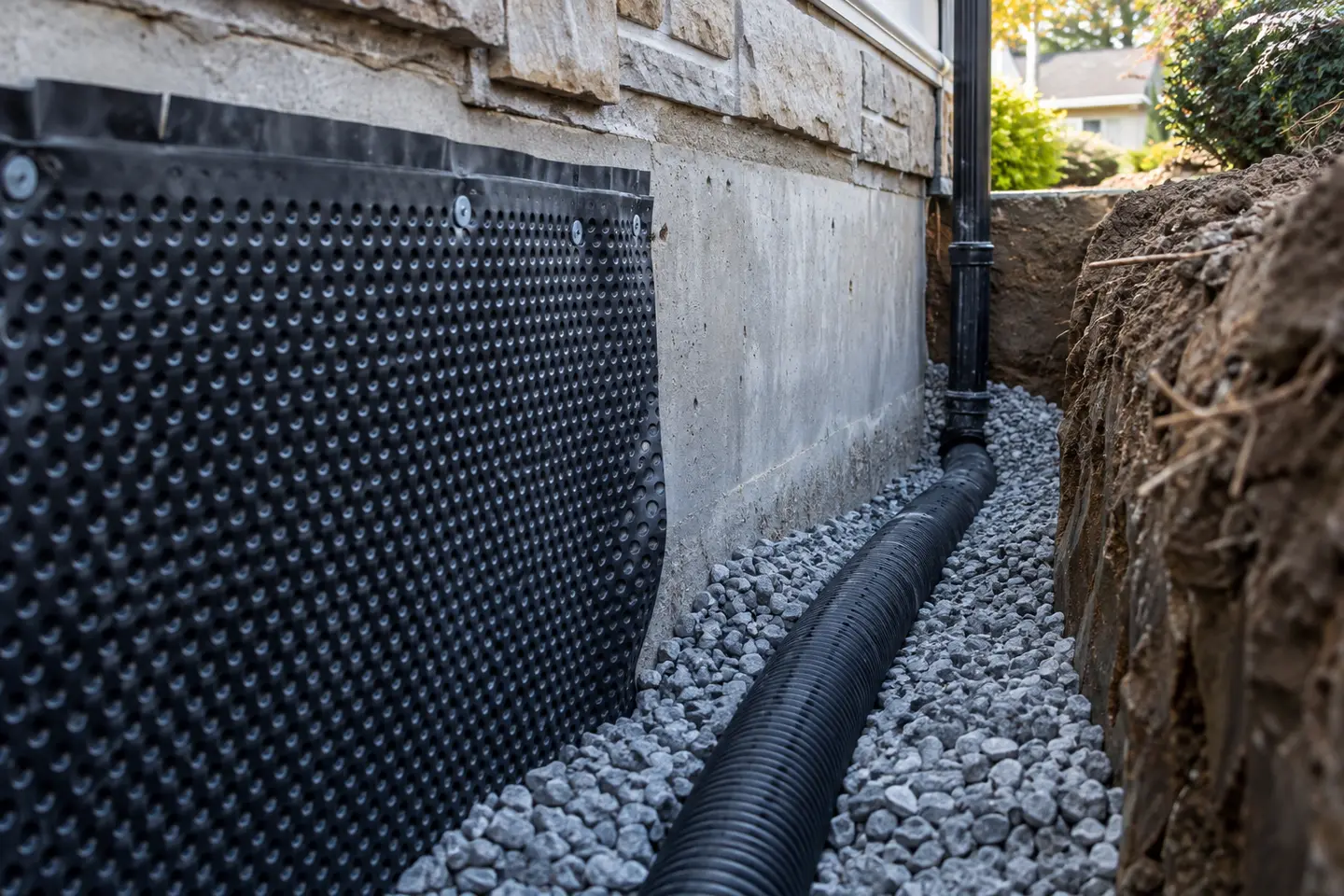 Localized weeping-tile repair beside an exposed residential footing, photographed from a closer alternate angle with different composition and visible material detail