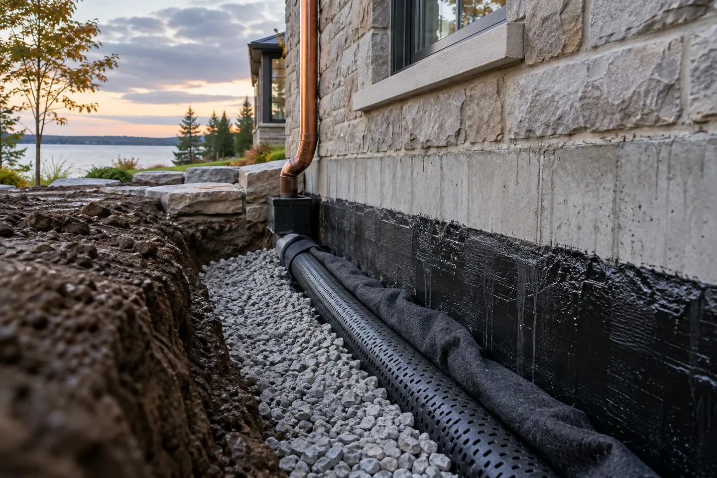 Localized weeping-tile repair beside an exposed residential footing