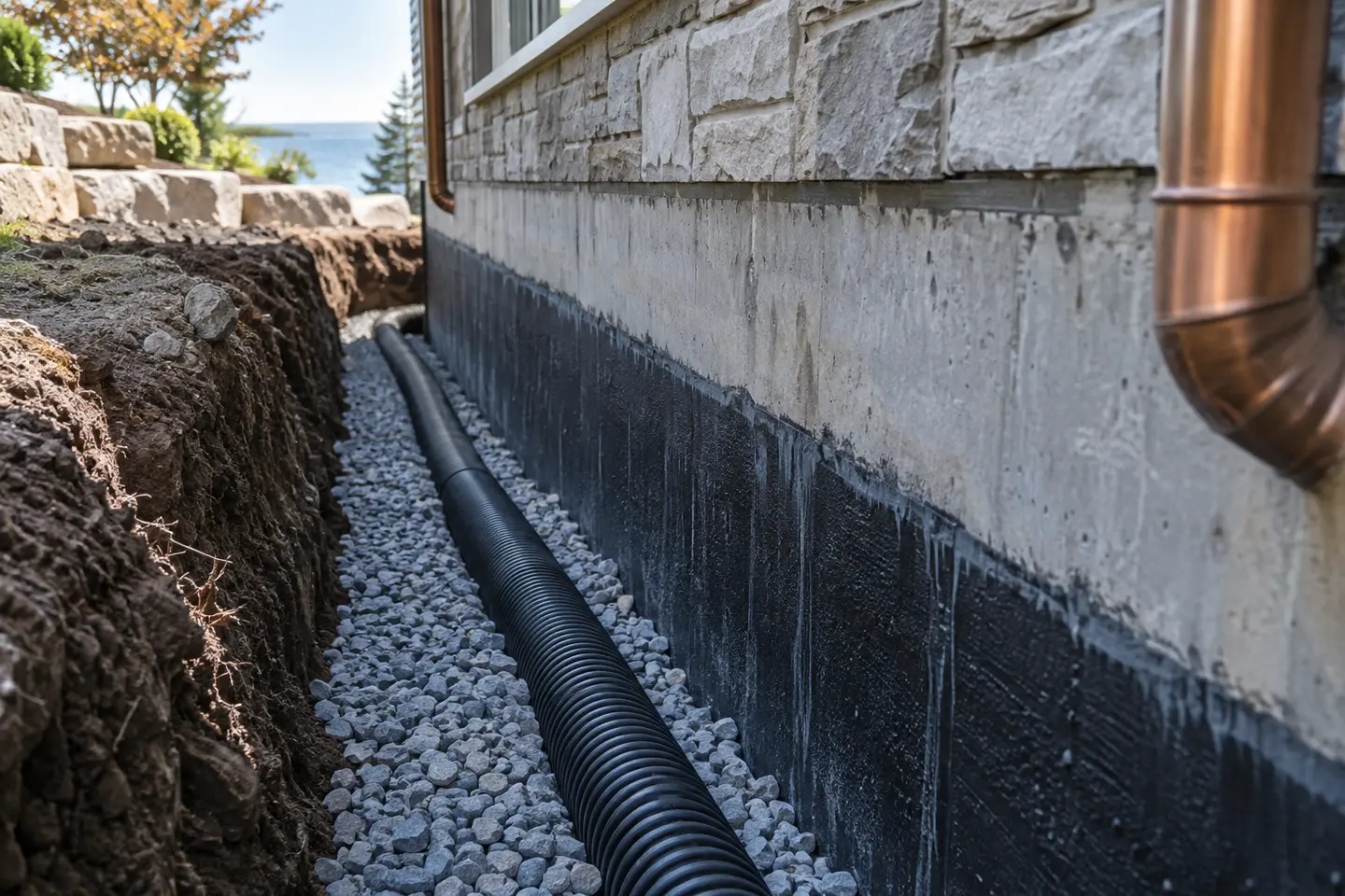 New perimeter weeping tile set in washed stone along a fully exposed foundation, photographed from a closer alternate angle with different composition and visible material detail