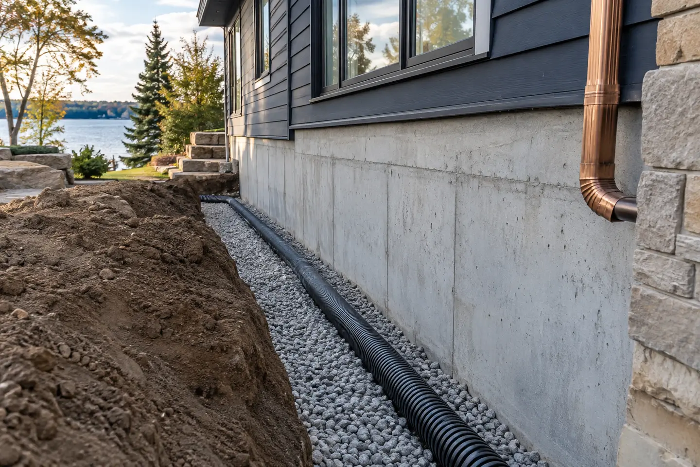 New perimeter weeping tile set in washed stone along a fully exposed foundation