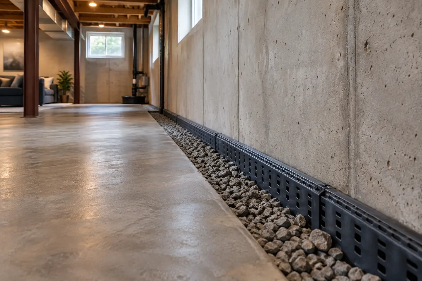 Active wet basement repair assessment with water along a poured-concrete wall after rain