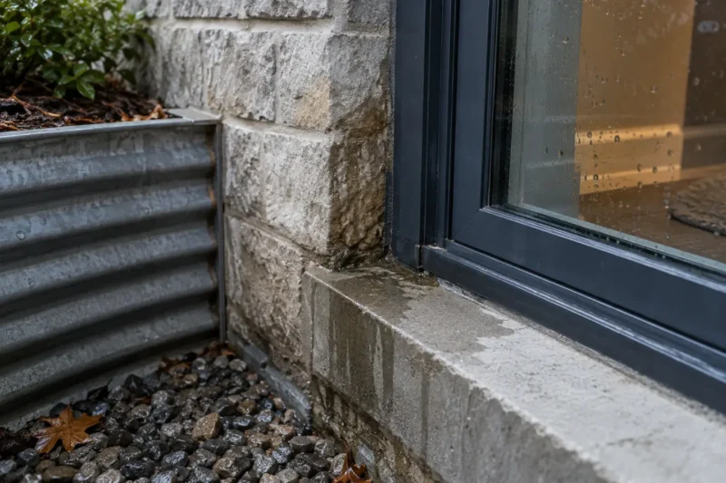 Basement window lower corner with fresh water staining and an exterior well visible, photographed from a closer alternate angle with different composition and visible material detail