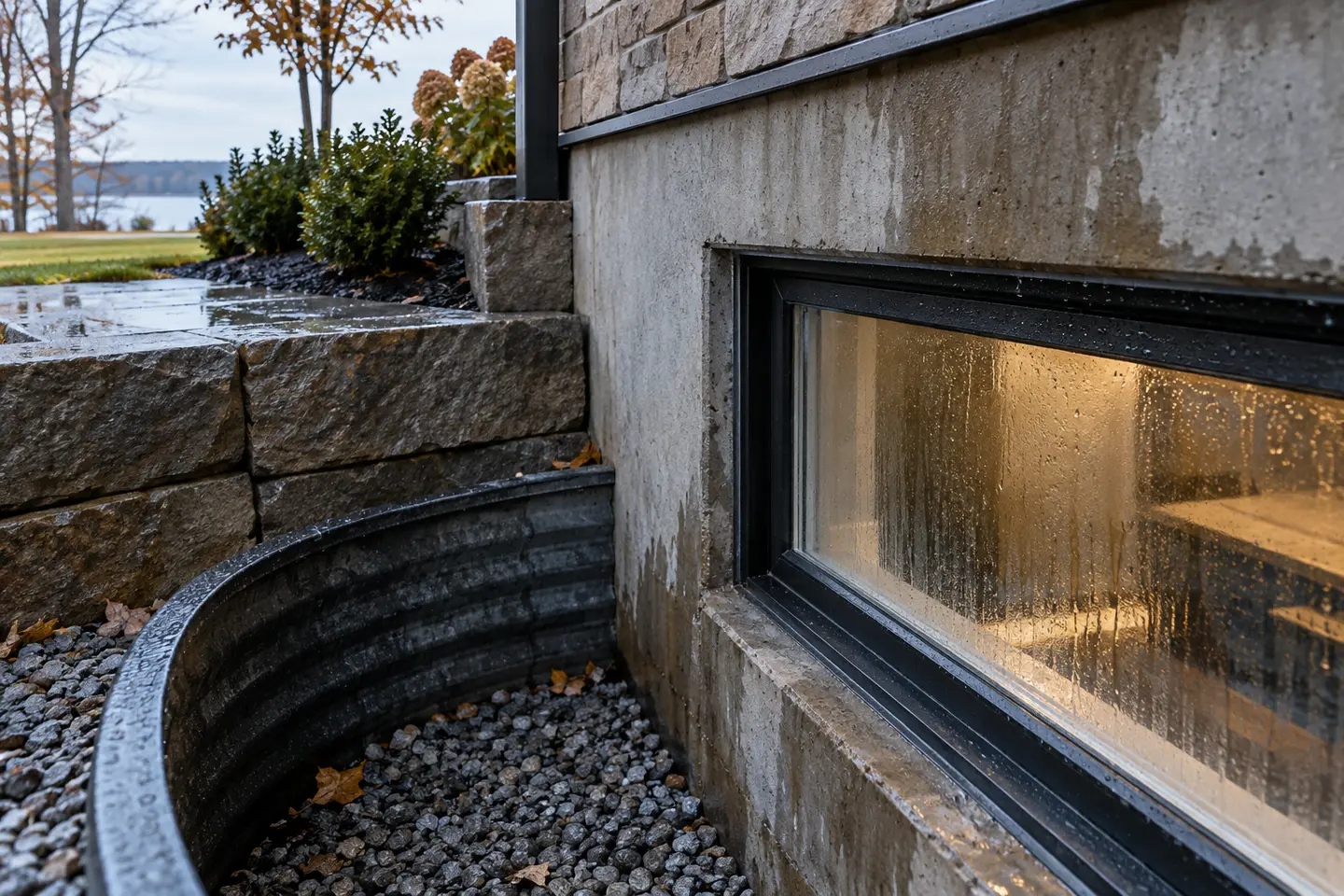 Basement window lower corner with fresh water staining and an exterior well visible