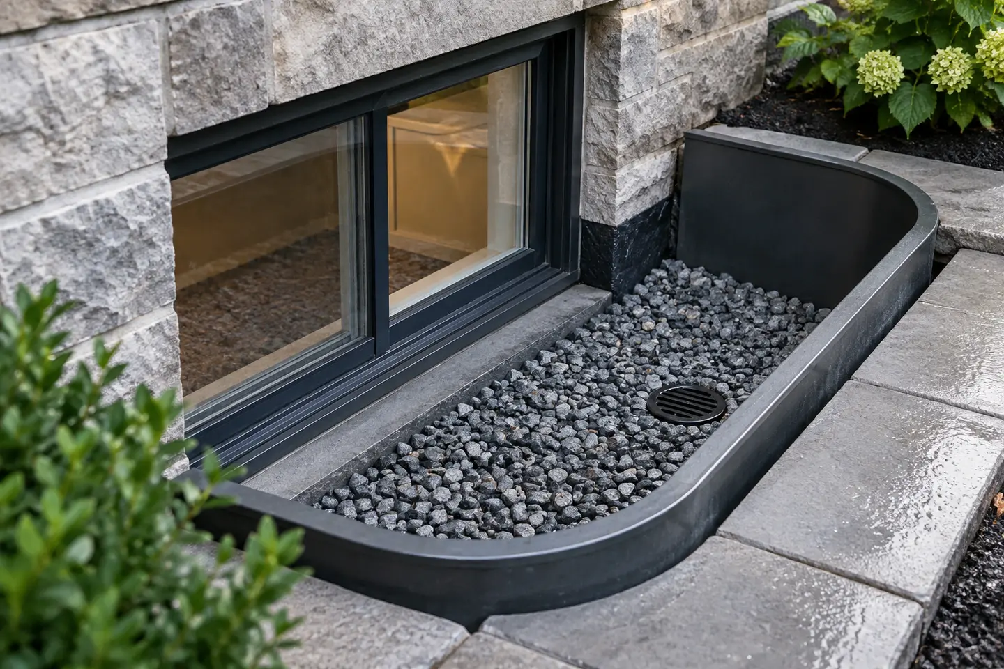 Repaired basement window well with clean drainage stone, raised edge and clear drain, photographed from a closer alternate angle with different composition and visible material detail