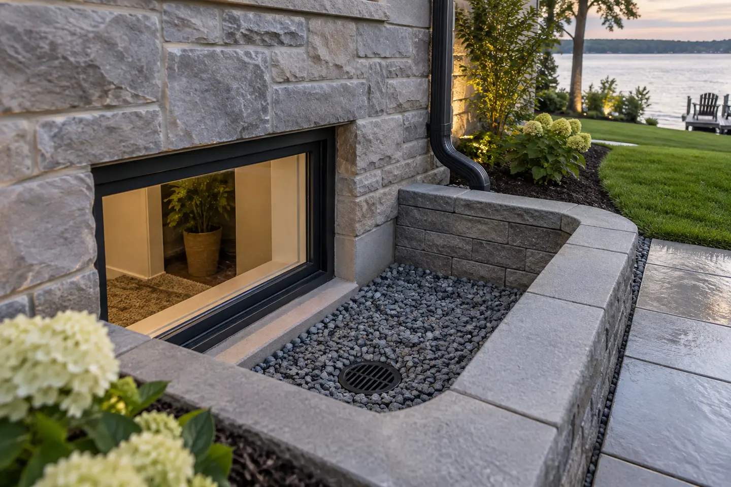 Repaired basement window well with clean drainage stone, raised edge and clear drain